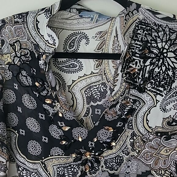 Halé Bob Lounge 100% Silk Sheer Paisley Print Blouse w/ Slit Bell Sleeve Size M - Picture 3 of 7